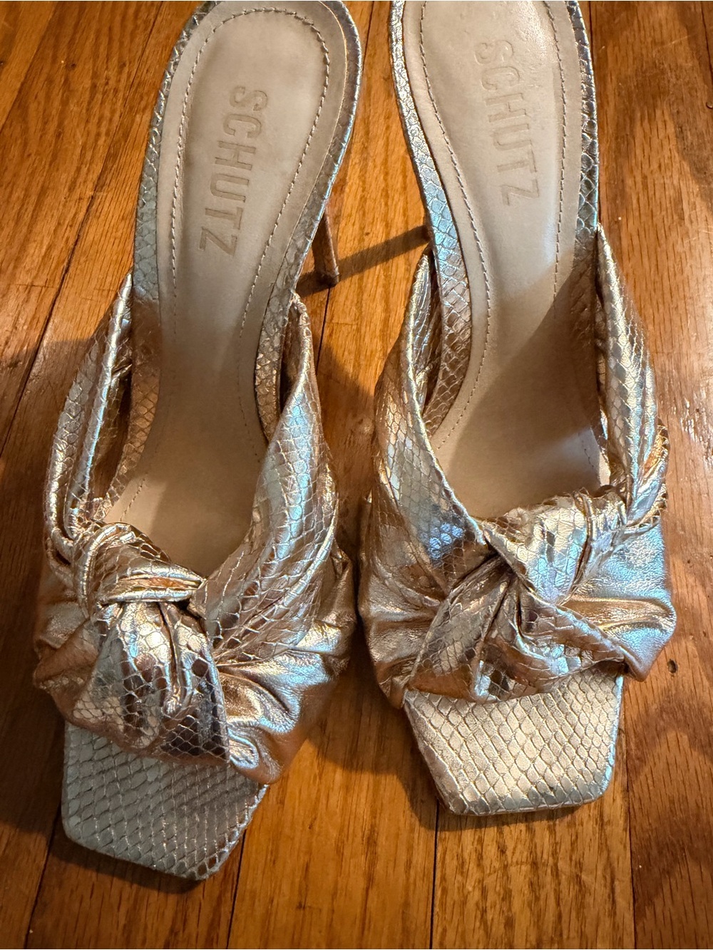 SCHUTZ Gold Metallic Knot-Front Heeled Sandals